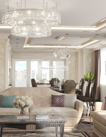 Роскошный интерьер гостиной апартаментов в неоклассическом стиле, Одесса
