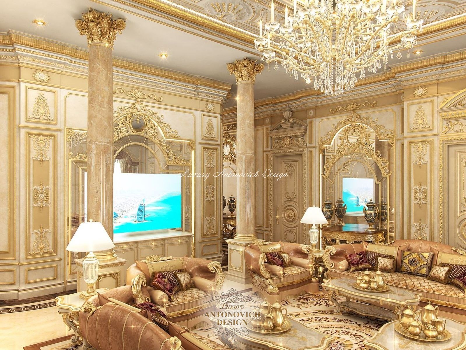 Интерьер гостиной с колоннами - Luxury Antonovich Design