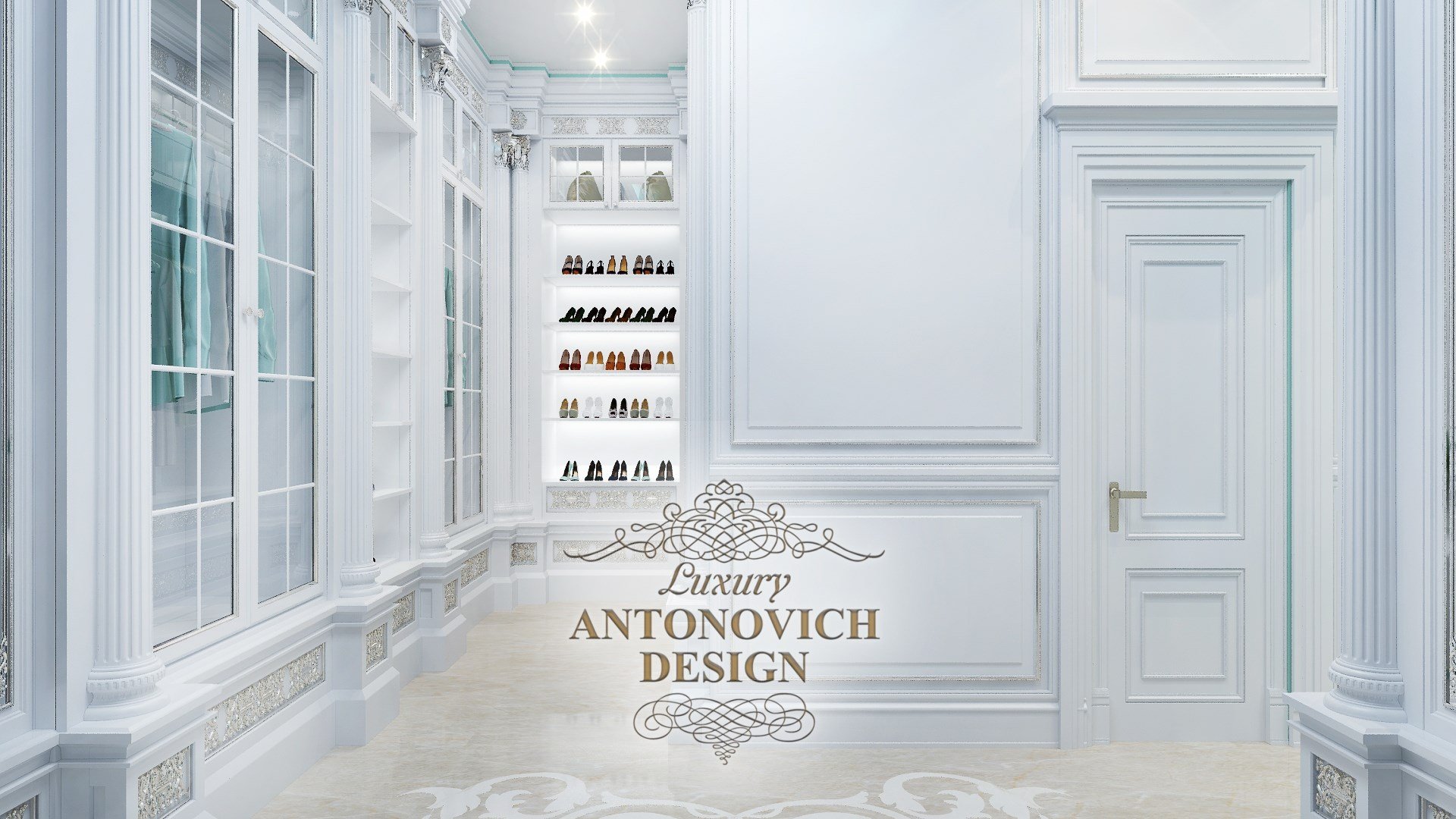 Красивая гардеробная в бело-голубых тонах - Luxury Antonovich Design