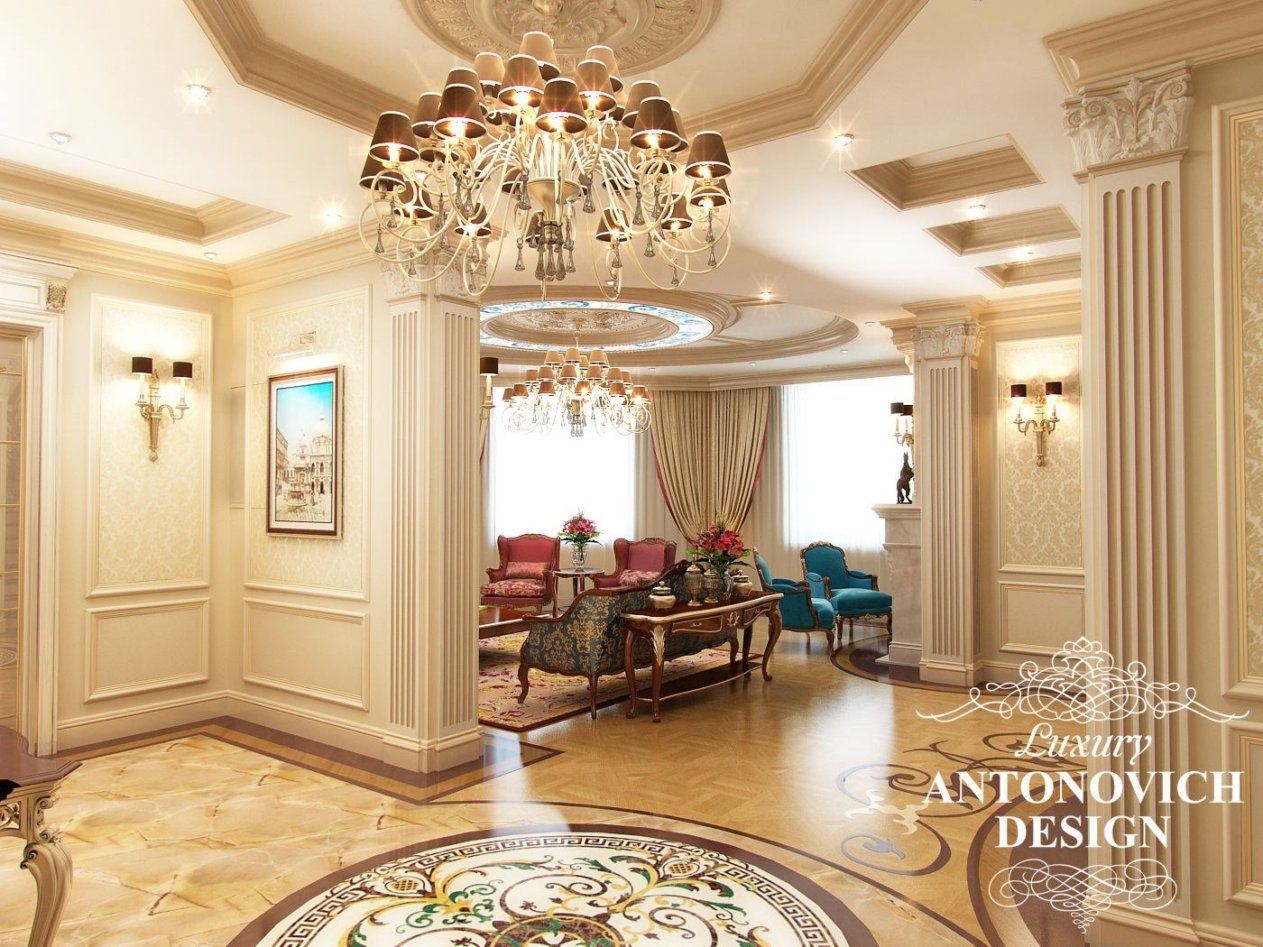 Элитный дизайн проект дома с роскошным холлом в классическом стиле от студии дизайна в Ташкенте