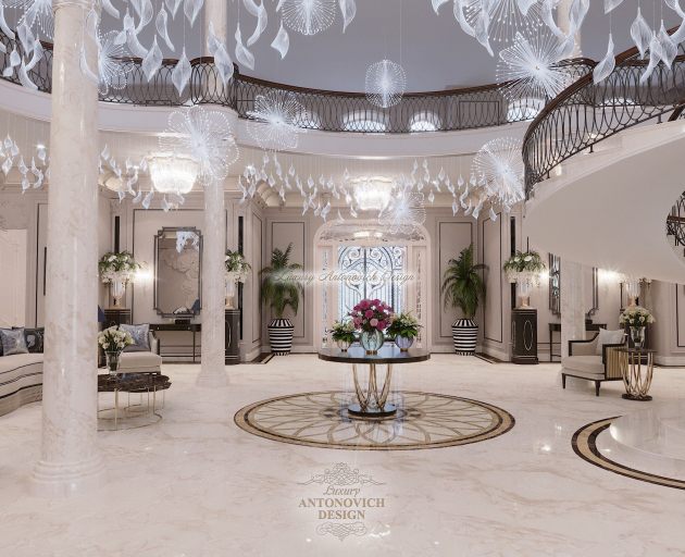 Изысканный интерьер холла особняка в стиле новая классика в Ташкенте