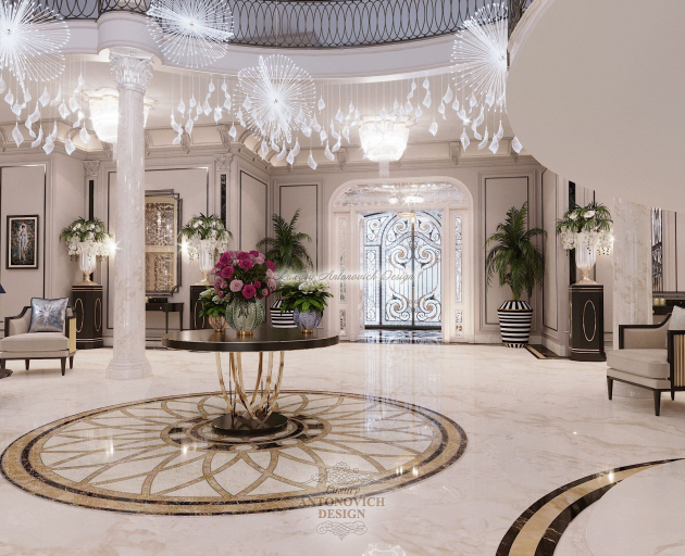 Изысканный интерьер столовой-гостиной особняка в стиле новая классика в Ташкенте