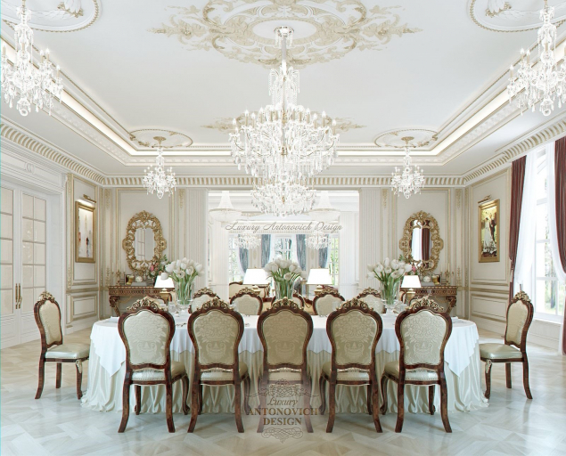 Роскошная столовая-гостиная особняка в стиле новая классика в Ташкенте